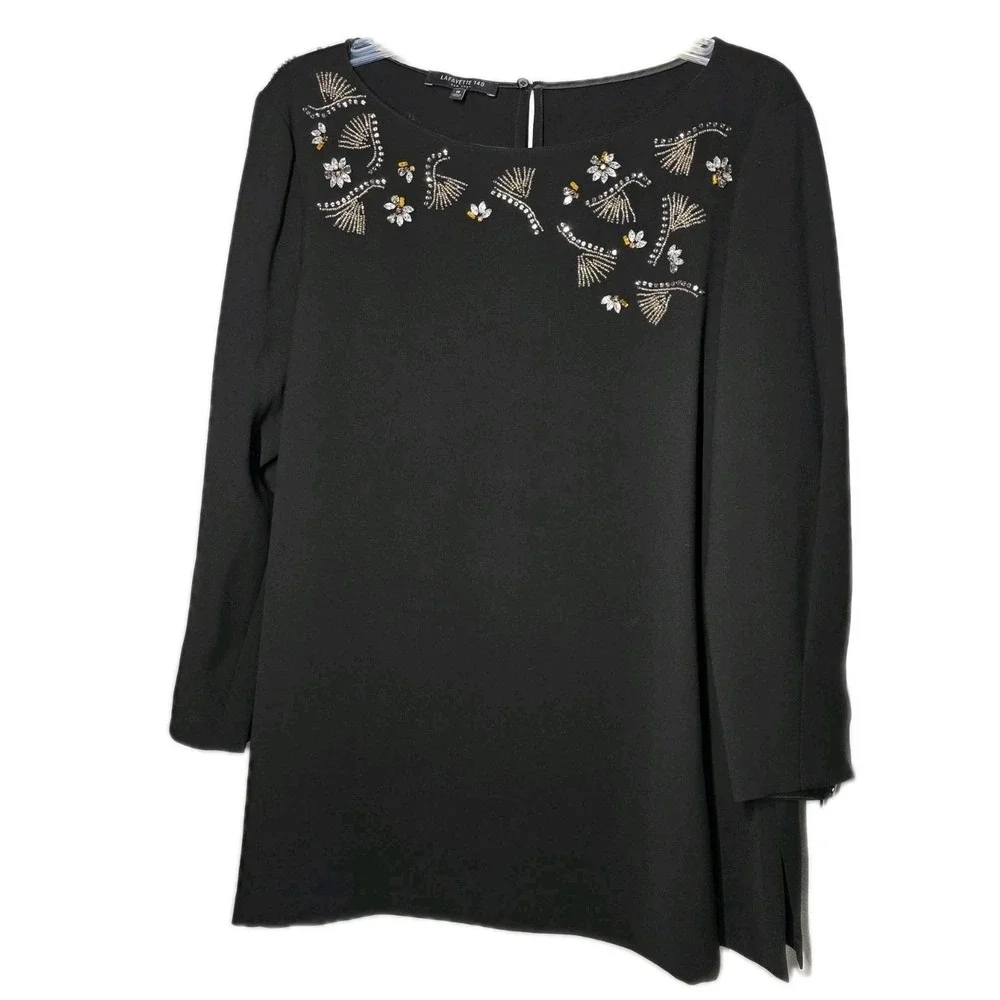 Lafayette 148 New York Caddie Embellished Blouson Sleeve Blouse‎ Black Size 16